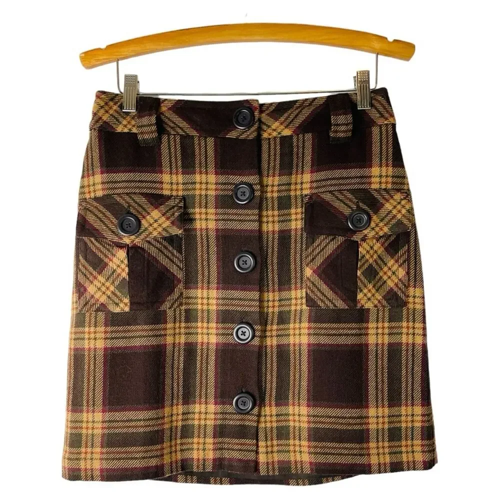 Loft brown tan red wool plaid preppy academia pocket skirt 8